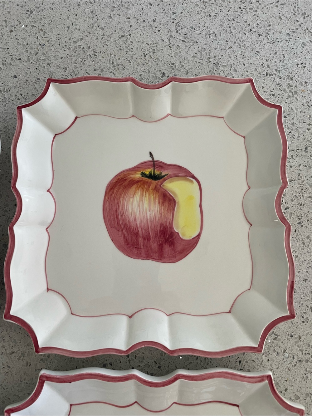 Vietri Dessert Plates or wall decor of disappearing Red Apple Motif and Red Trim - Picture 3 of 10